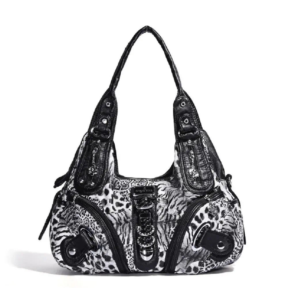 Angelkiss leopard print shoulder bag by Jungle Line with top handle, large tote style, and versatile hobo design in brown.