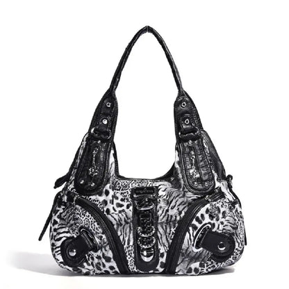 Angelkiss leopard print shoulder bag by Jungle Line with top handle, large tote style, and versatile hobo design in brown.