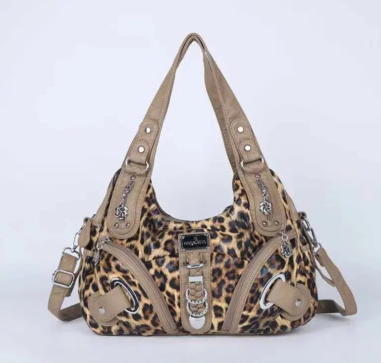 Angelkiss women’s leopard print shoulder bag with top handle, large hobo tote style in brown, designed by Jungle Line.
