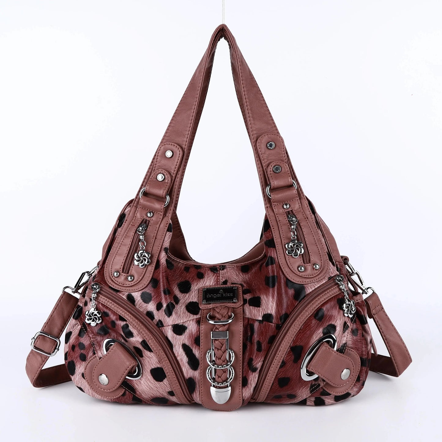Angelkiss women’s leopard print shoulder bag with top handle, large tote style, from Jungle Line, featuring a dumpling-shaped design.