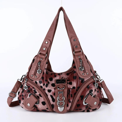 Angelkiss women’s leopard print shoulder bag with top handle, large tote style, from Jungle Line, featuring a dumpling-shaped design.