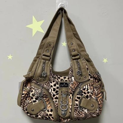 Angelkiss Leopard Shoulder Bag by Jungle Line, brown top-handle handbag with large satchel and tote style, featuring a dumpling shape.