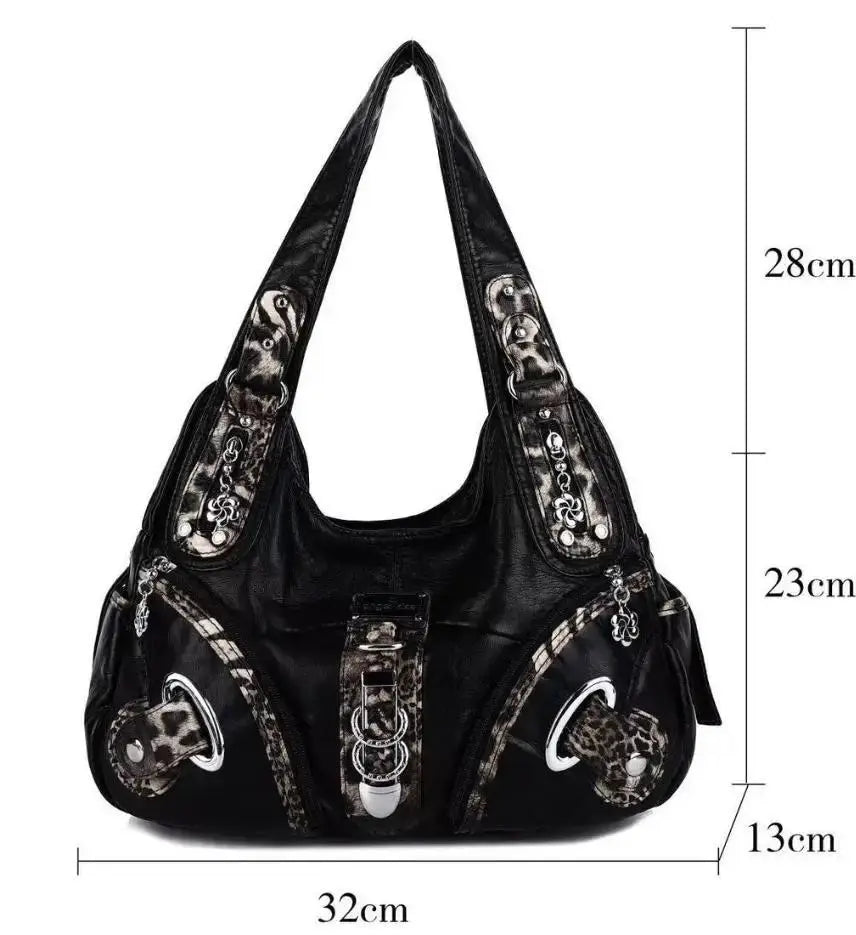 Angelkiss leopard print women's shoulder bag with top handle, large tote style, designed by Jungle Line, featuring a spacious satchel silhouette.
