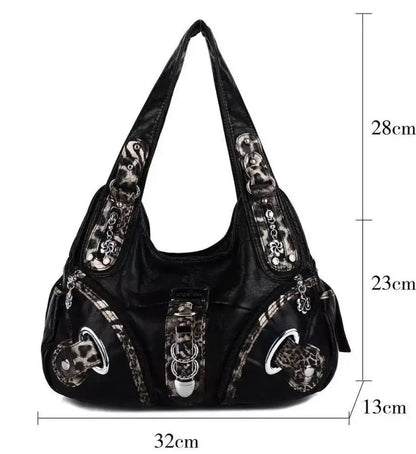 Angelkiss leopard print women's shoulder bag with top handle, large tote style, designed by Jungle Line, featuring a spacious satchel silhouette.