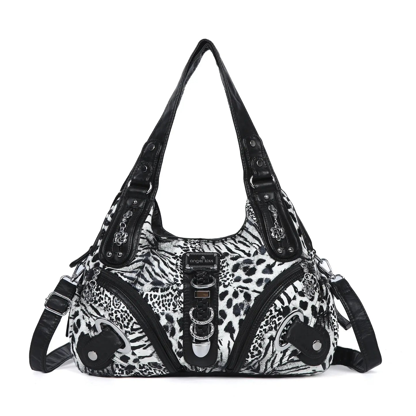 Angelkiss Leopard Women’s shoulder handbag with top handle, tote style, large satchel with dumpling design by Jungle Line.