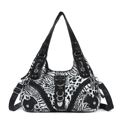 Angelkiss Leopard Women’s shoulder handbag with top handle, tote style, large satchel with dumpling design by Jungle Line.
