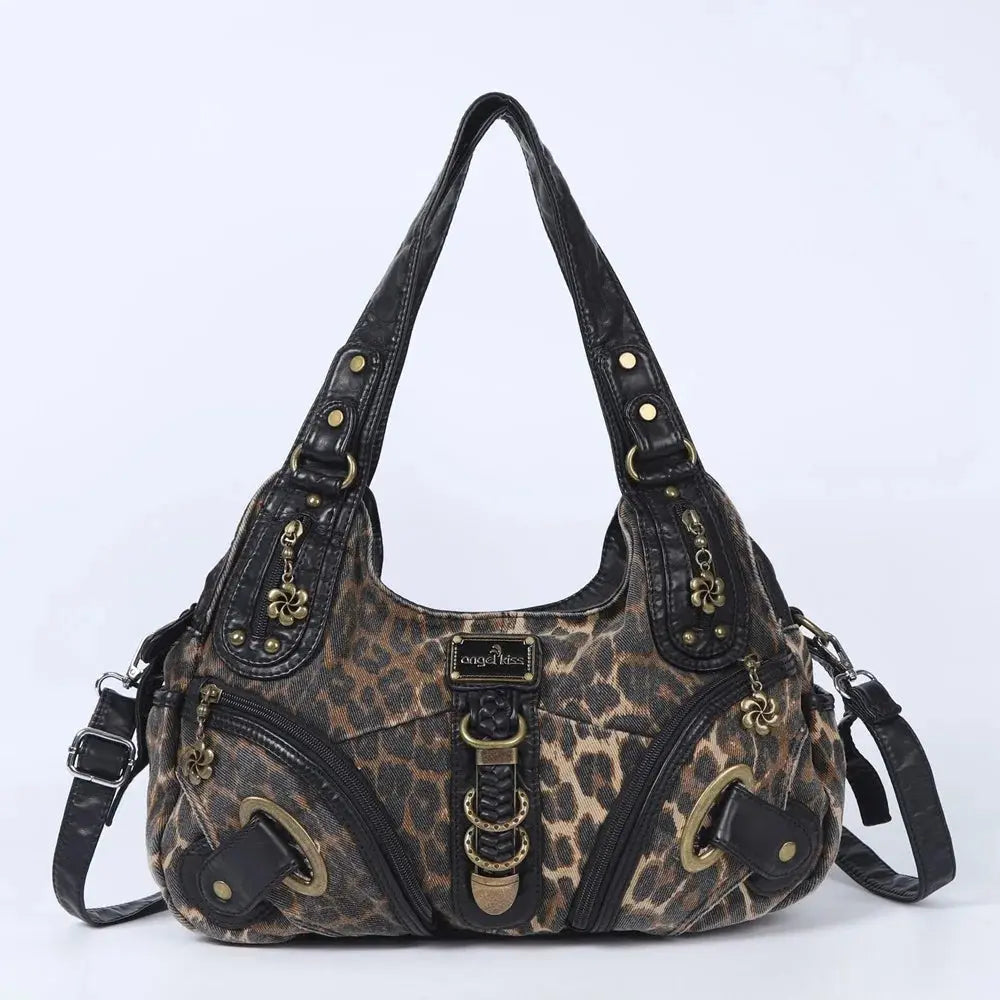 Angelkiss leopard print women's shoulder handbag with top handle, large tote style, featuring hobo and satchel design by Jungle Line.