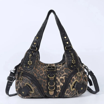 Angelkiss leopard print women's shoulder handbag with top handle, large tote style, featuring hobo and satchel design by Jungle Line.