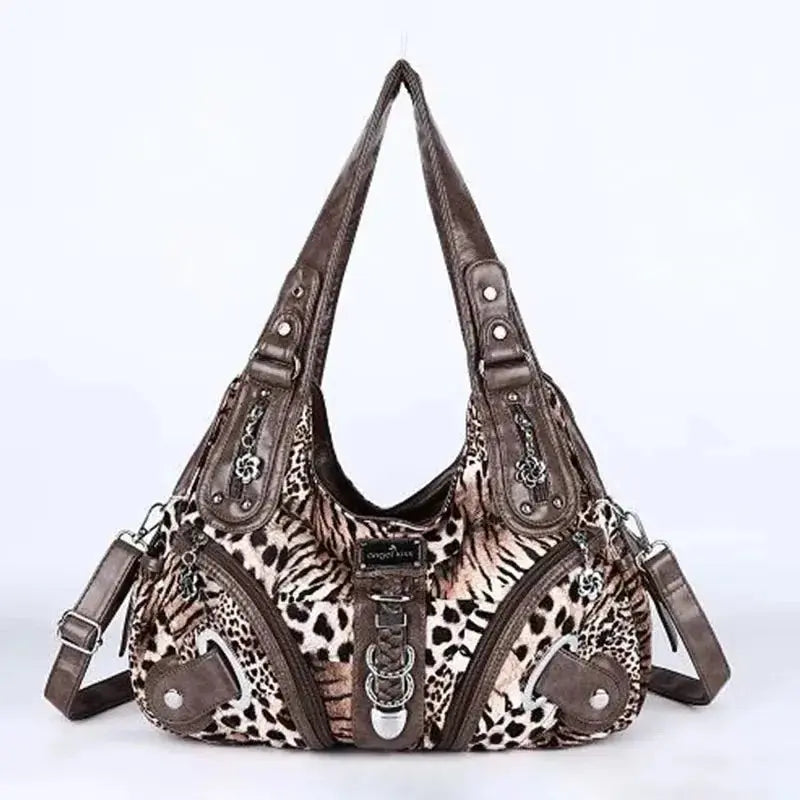 Angelkiss leopard print women’s shoulder handbag with top handle, large tote style, from Jungle Line, featuring a spacious satchel design.
