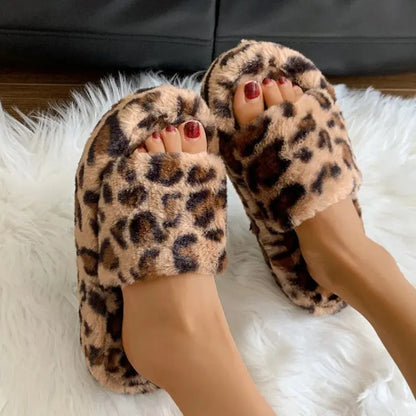 Luxury Leopard Fur Slippers Women's High Platform Jungle Line