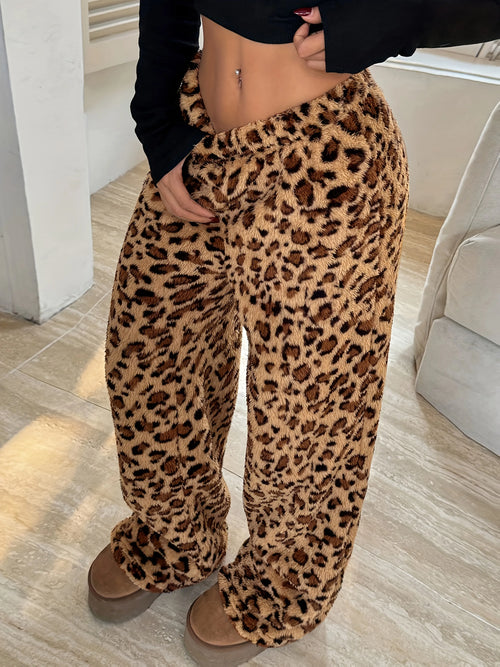 Leopard Print Plush Pants! Warm,Soft & Comfy.Elastic Waist for Casual & Home Wear.Perfect for Autumn & Winter Fashion. Shop Now! - Jungle Line