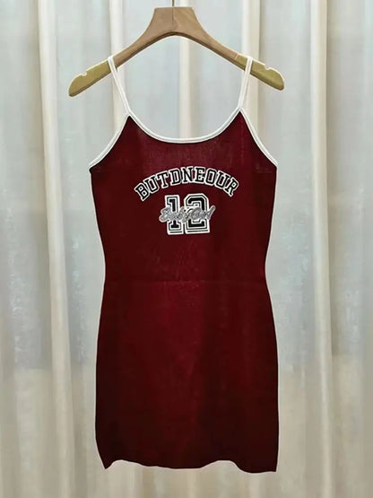 Jungle Line brown letter print sexy bodycon dress for women with spaghetti straps, O-neck, slim fit, streetwear style for summer 2025