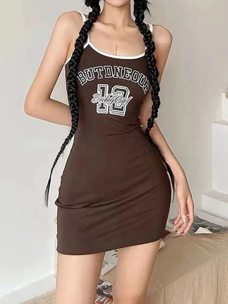 Jungle Line brown women's fashion letter print bodycon dress with spaghetti straps, O-neck, slim fit, designed for summer streetwear.