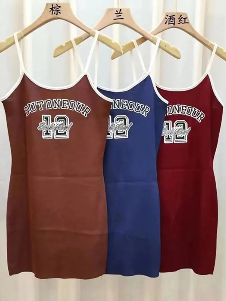 Jungle Line brown women's letter print bodycon dress with spaghetti straps, O-neck, slim fit, streetwear style for summer 2025.