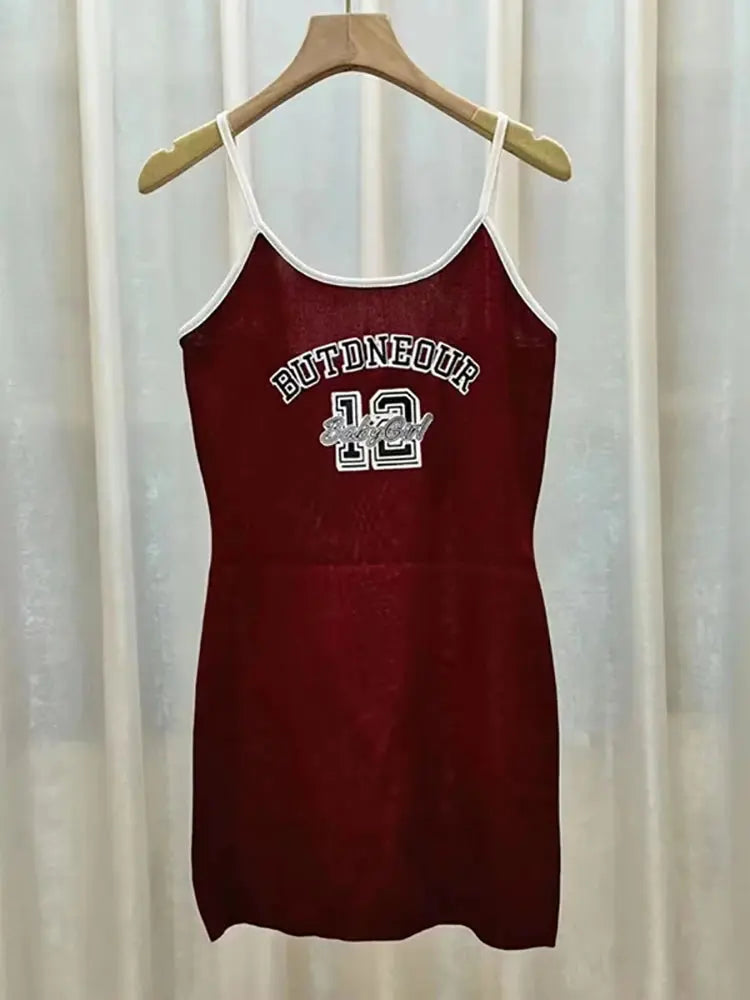 Jungle Line brown women’s letter print bodycon dress with spaghetti straps, O-neck, slim fit, streetwear style for summer 2025