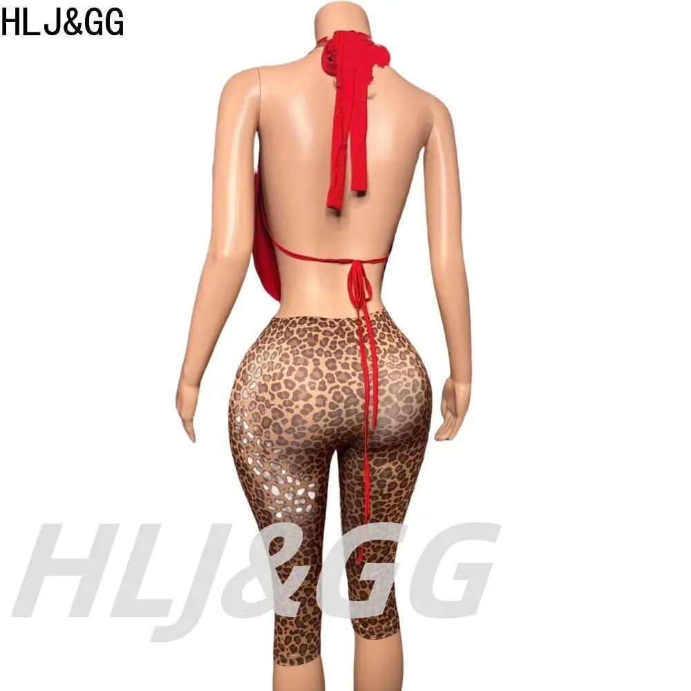 HLJ&GG Sexy Halter Ruched Top Two Piece Sets Women Deep V Backless Crop Top And Leopard Shorts Outfits Fashion 2pcs Streetwear - Jungle Line