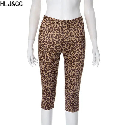 HLJ&GG Sexy Halter Ruched Top Two Piece Sets Women Deep V Backless Crop Top And Leopard Shorts Outfits Fashion 2pcs Streetwear - Jungle Line