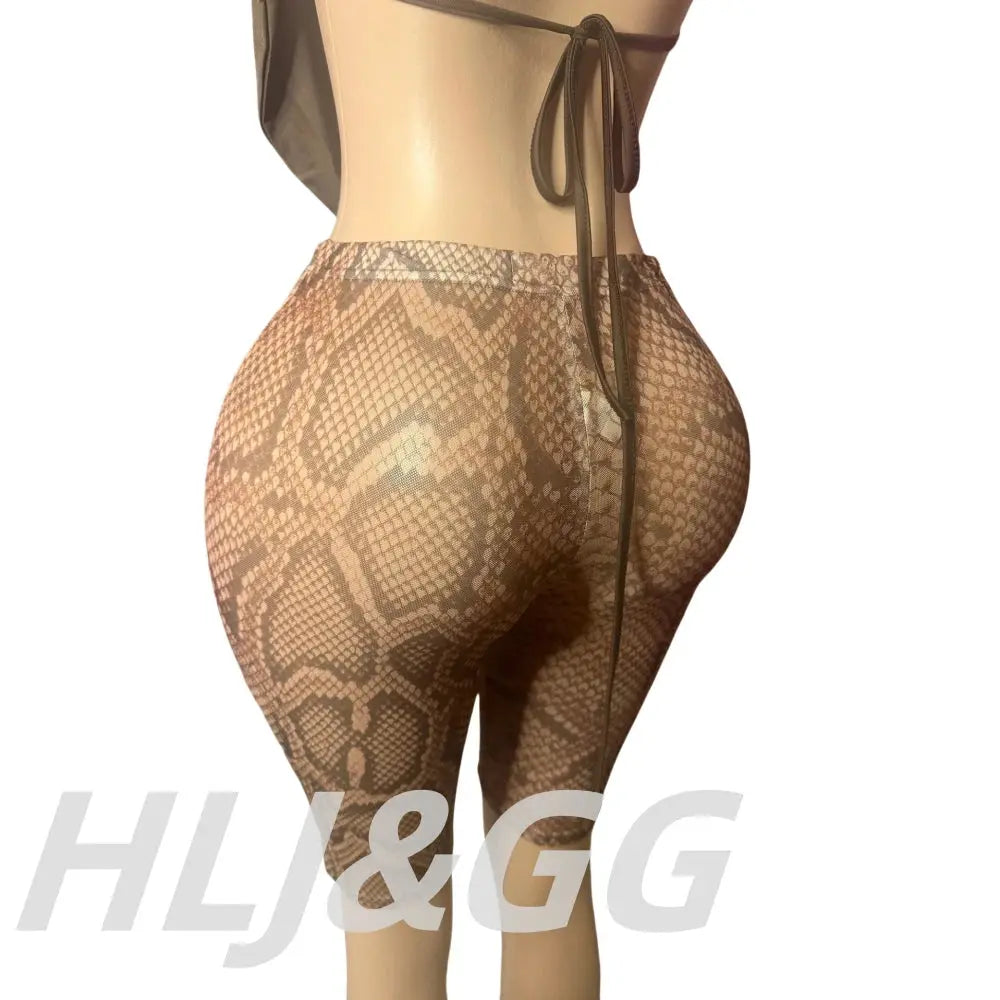 HLJ&GG Sexy Halter Ruched Top Two Piece Sets Women Deep V Backless Crop Top And Leopard Shorts Outfits Fashion 2pcs Streetwear - Jungle Line