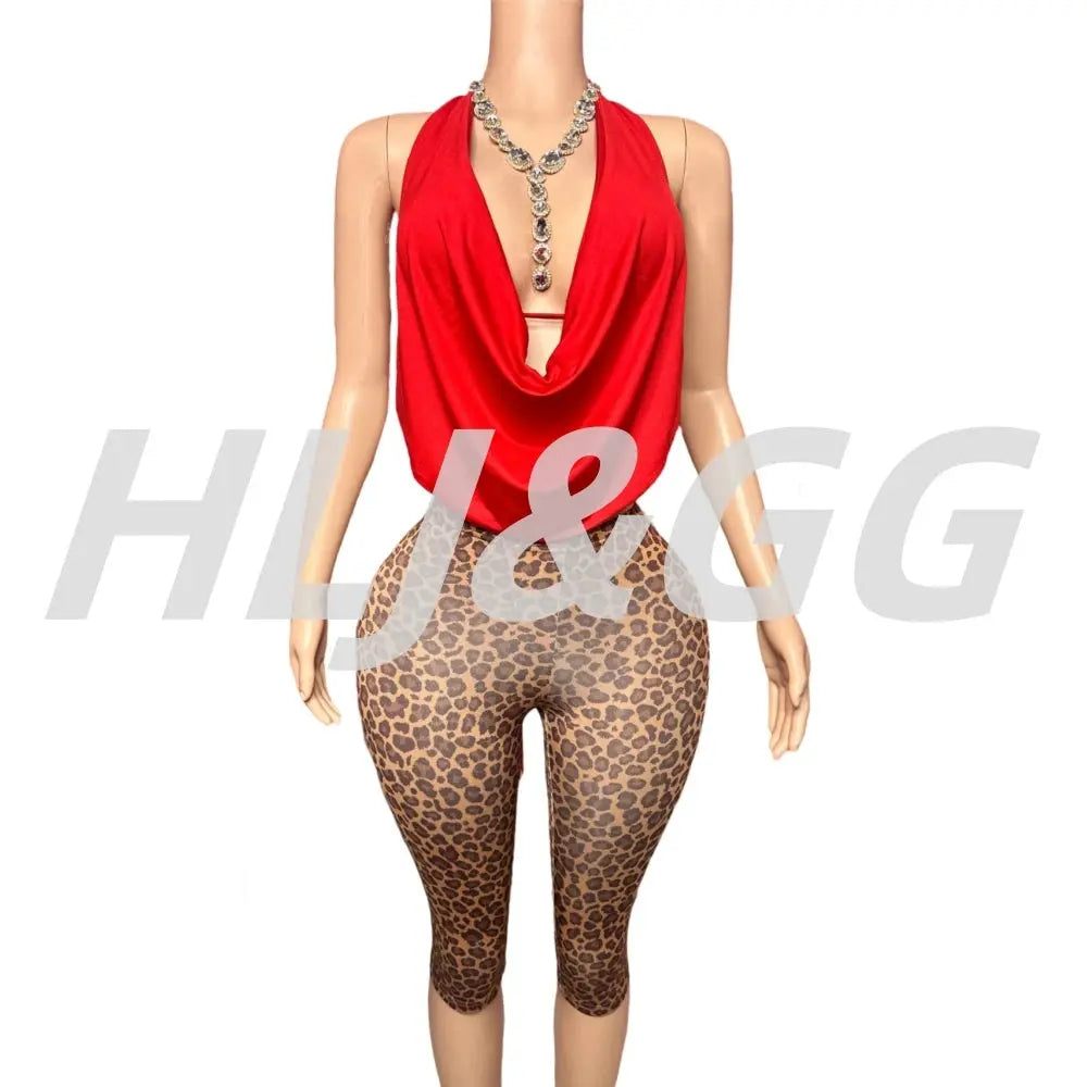 HLJ&GG Sexy Halter Ruched Top Two Piece Sets Women Deep V Backless Crop Top And Leopard Shorts Outfits Fashion 2pcs Streetwear - Jungle Line