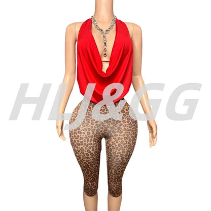 HLJ&GG Sexy Halter Ruched Top Two Piece Sets Women Deep V Backless Crop Top And Leopard Shorts Outfits Fashion 2pcs Streetwear - Jungle Line