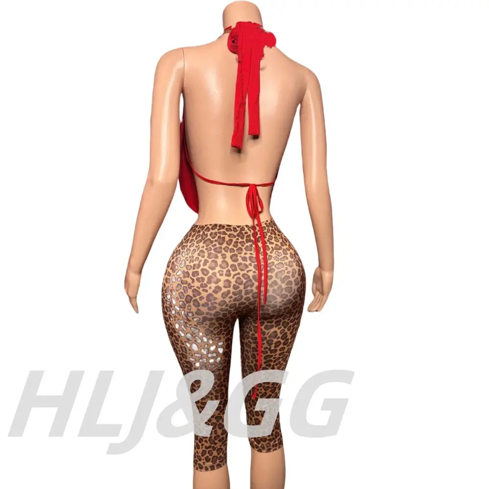 HLJ&GG Sexy Halter Ruched Top Two Piece Sets Women Deep V Backless Crop Top And Leopard Shorts Outfits Fashion 2pcs Streetwear - Jungle Line