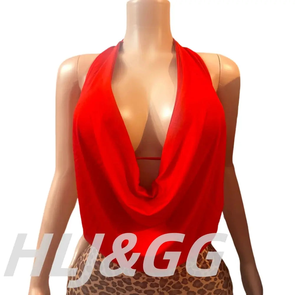 HLJ&GG Sexy Halter Ruched Top Two Piece Sets Women Deep V Backless Crop Top And Leopard Shorts Outfits Fashion 2pcs Streetwear - Jungle Line