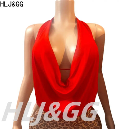 HLJ&GG Sexy Halter Ruched Top Two Piece Sets Women Deep V Backless Crop Top And Leopard Shorts Outfits Fashion 2pcs Streetwear - Jungle Line