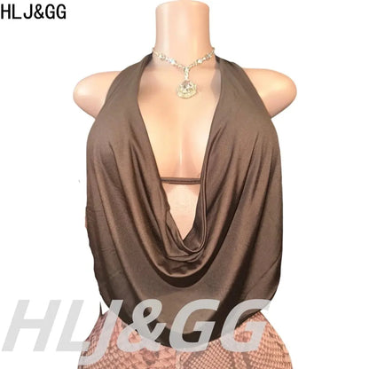 HLJ&GG Sexy Halter Ruched Top Two Piece Sets Women Deep V Backless Crop Top And Leopard Shorts Outfits Fashion 2pcs Streetwear - Jungle Line