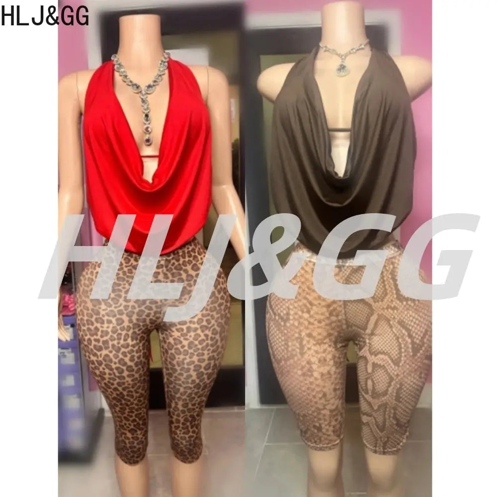 Ensemble deux pièces Jungle Line avec top halter ruched et short léopard, style streetwear sexy et décontracté pour femmes.