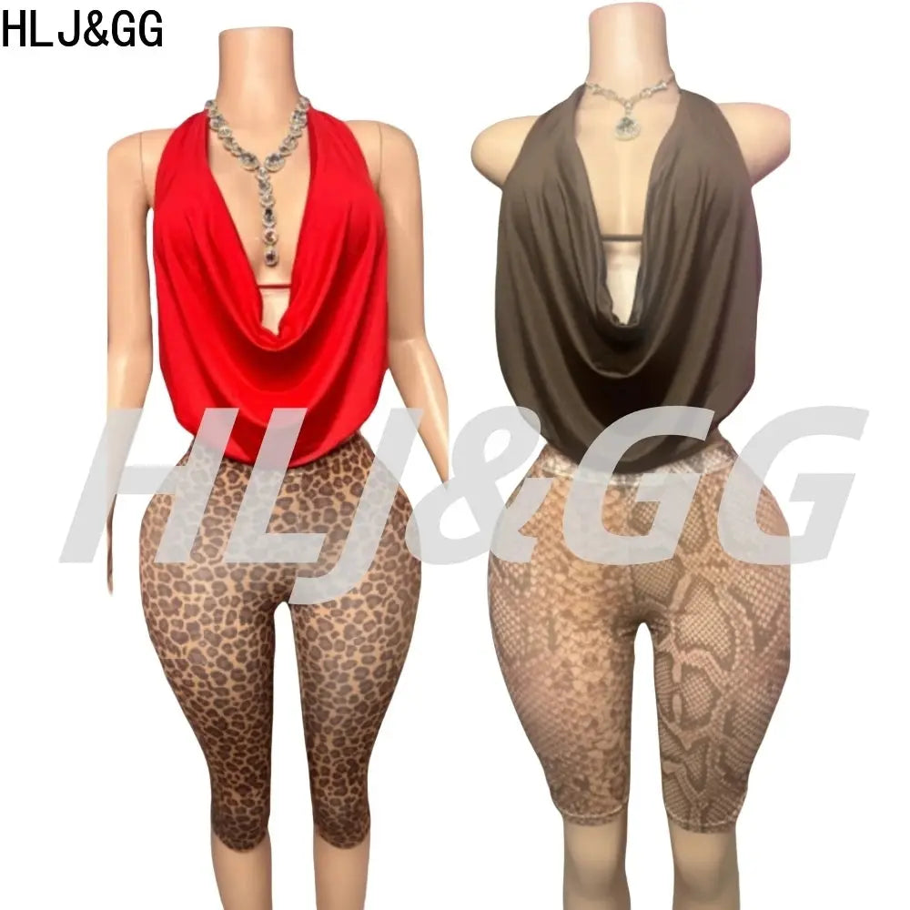 Ensemble deux pièces Jungle Line, haut halter ruched et shorts léopard, look streetwear féminin, dos nu et décolleté profond.