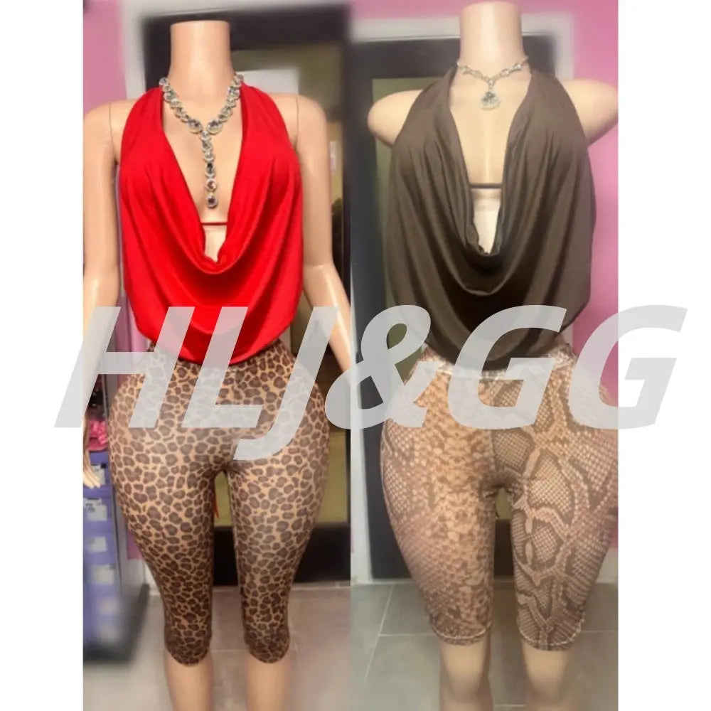 Ensemble deux pièces Jungle Line avec crop top halter ruched et shorts léopard, style streetwear, pour femmes, look tendance.