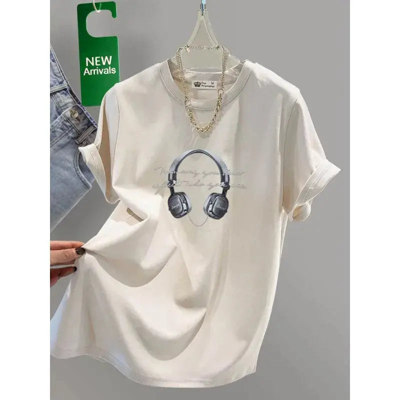Women's Clothing Chic Headset Print Basic Pullovers Summer Casual Loose Pure Cotton Short Sleeve T-shirt Lady All-match Top Tees - Jungle Line