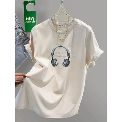 Women's Clothing Chic Headset Print Basic Pullovers Summer Casual Loose Pure Cotton Short Sleeve T-shirt Lady All-match Top Tees - Jungle Line