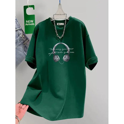 Women's Clothing Chic Headset Print Basic Pullovers Summer Casual Loose Pure Cotton Short Sleeve T-shirt Lady All-match Top Tees - Jungle Line