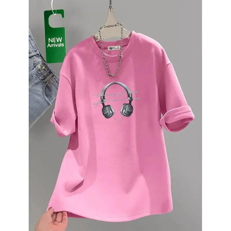 Women's Clothing Chic Headset Print Basic Pullovers Summer Casual Loose Pure Cotton Short Sleeve T-shirt Lady All-match Top Tees - Jungle Line