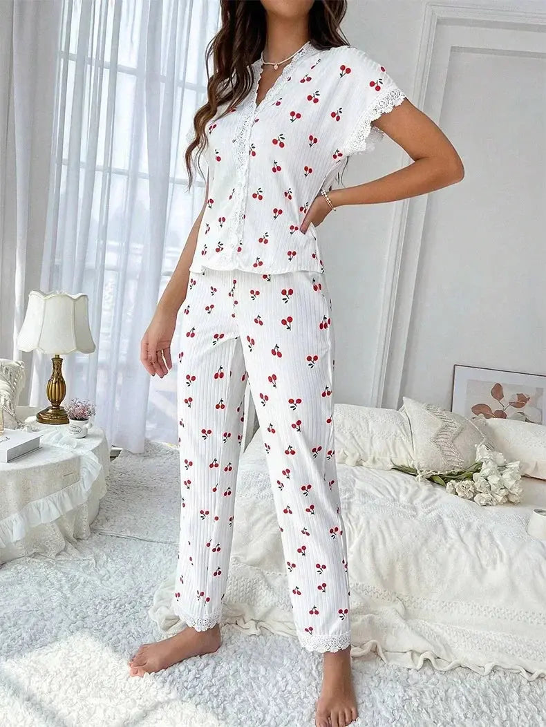Lace Trim Women Pajama Set Short Sleeve - Jungle Line