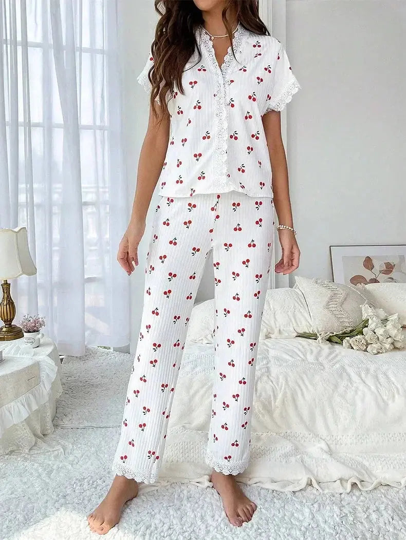 Lace Trim Women Pajama Set Short Sleeve - Jungle Line