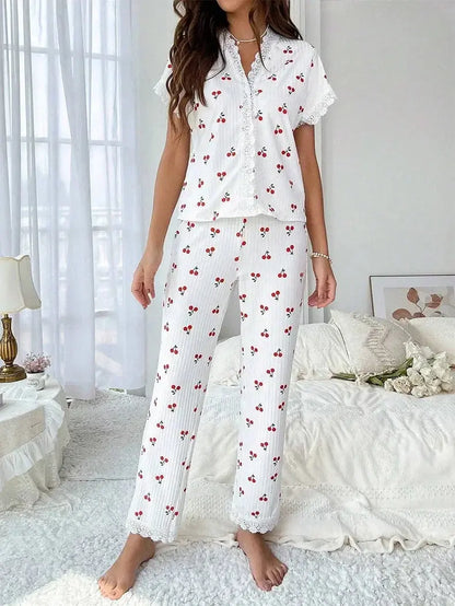Lace Trim Women Pajama Set Short Sleeve - Jungle Line