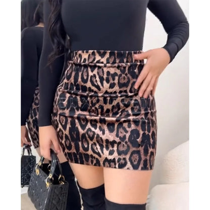 2024 New Clothing Stylish Leopard Leather Shorts Skirt Slim Fit Classic Shaping Skrits Women's Sexy Fashion Daily Bottoms - Jungle Line