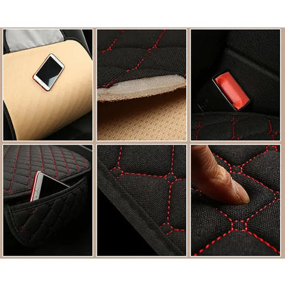 Jungle Line universal car seat cover protector in linen fabric for front and rear seats, showing a coffee-colored design and installation.
