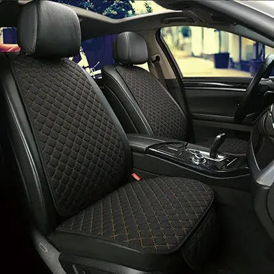 Jungle Line universal linen car seat cover protector for front and rear seats, showing a coffee-colored design on a vehicle seat.