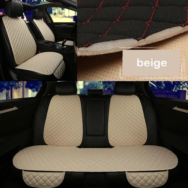Jungle Line universal linen car seat cover protector on front and rear seats, designed to protect and refresh vehicle interiors.
