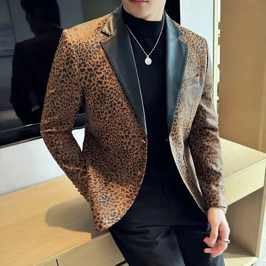Splicing Leather Collar Men's Suit Jacket Blazer Jungle Line