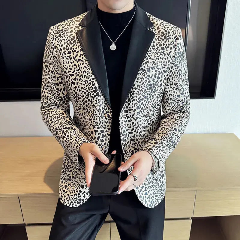Splicing Leather Collar Men's Suit Jacket Blazer Jungle Line