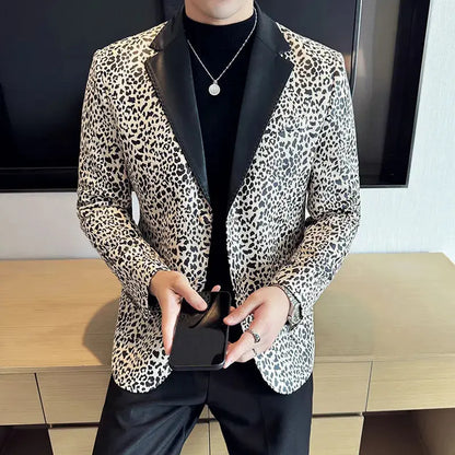 Splicing Leather Collar Men's Suit Jacket Blazer Jungle Line
