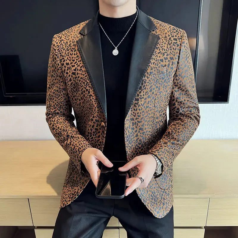 Splicing Leather Collar Men's Suit Jacket Blazer Jungle Line