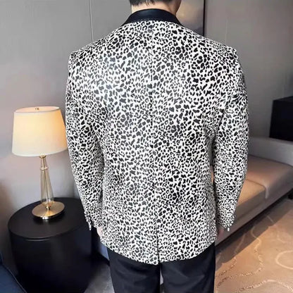 Splicing Leather Collar Men's Suit Jacket Blazer Jungle Line