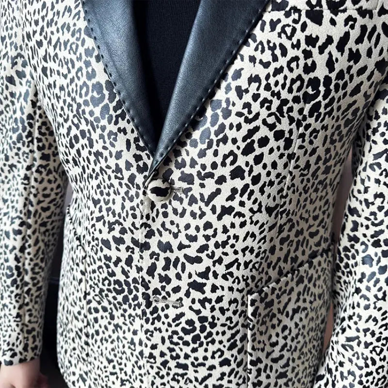 Splicing Leather Collar Men's Suit Jacket Blazer Jungle Line