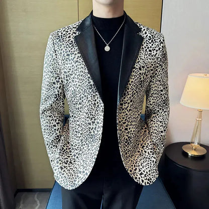 Splicing Leather Collar Men's Suit Jacket Blazer Jungle Line