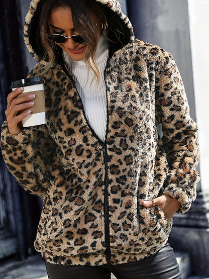 European and American Autumn/winter Women's Hooded Long-sleeve Leopard Print Mid-length Double-sided Loose Casual Zipper Jacket - Jungle Line